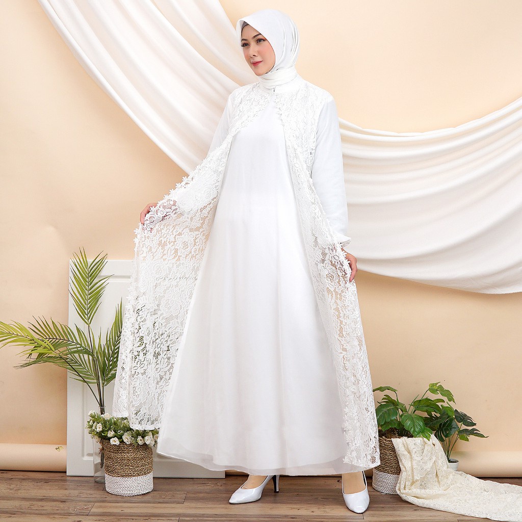 Hot Product Gamis Aliyah Full Brukat Putih - Gamis Umroh Wanita Tangan Brukat - Gamis Lebaran Putih