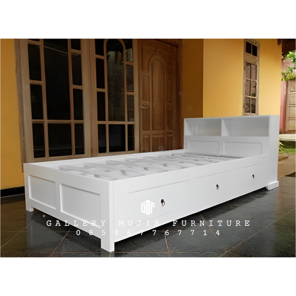 tempat tidur dipan anak duco minimalis laci putih kayu jati - 120x200