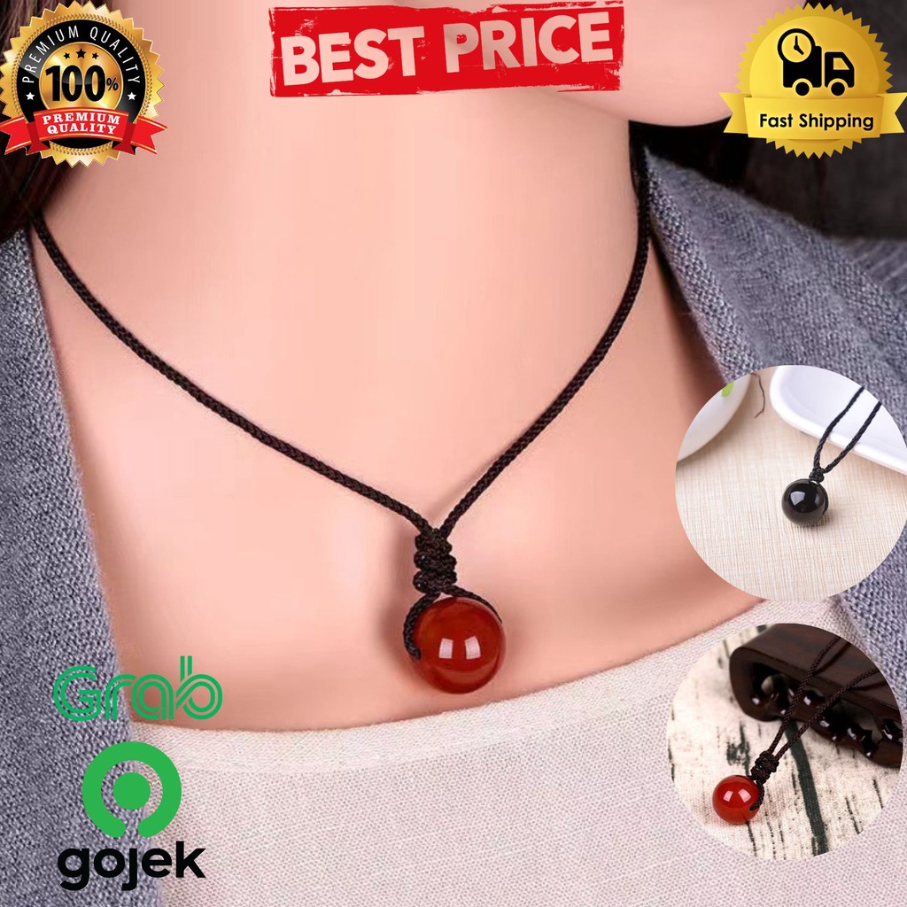Kalung tali hitam liontin giok merah hitam bulat wanita unisex , Kalung tali hitam / kalung tali lio