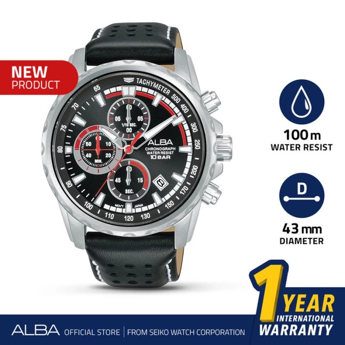 Jam Tangan Pria Alba AM3935 Kulit Asli Hitam Chronograph