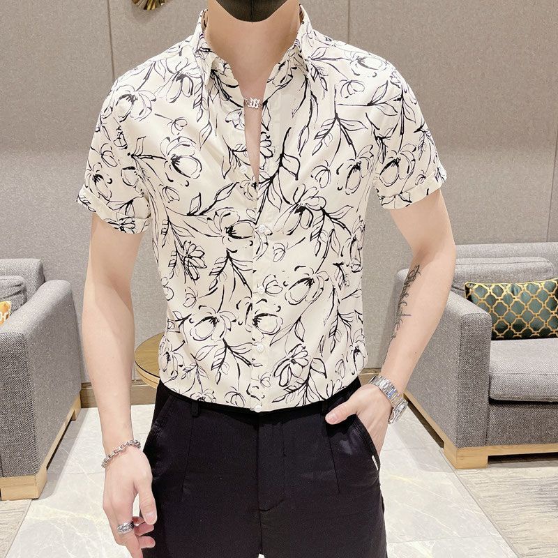 Men's floral short sleeved ice silk shirt versatile thin casual new shirt for men