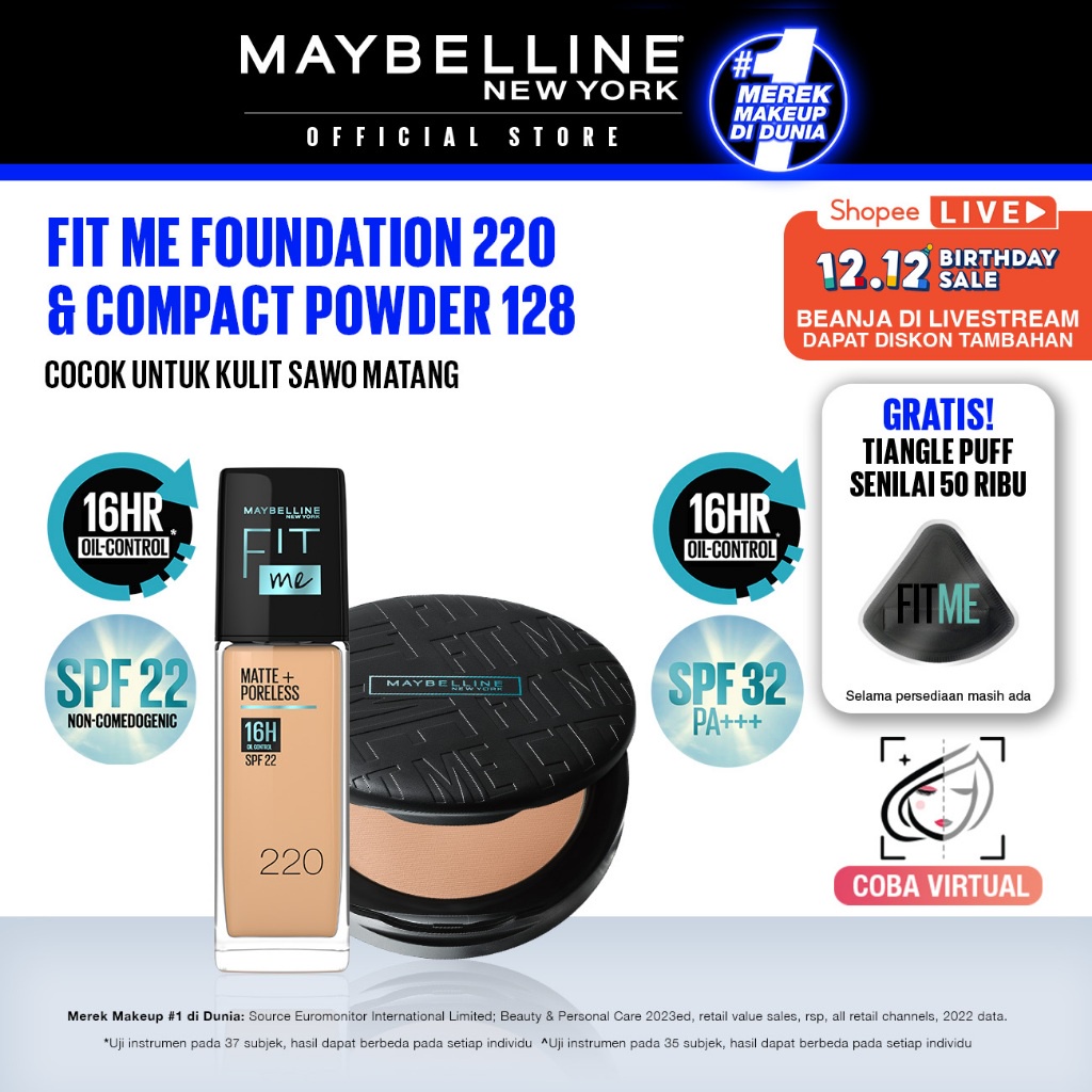 Maybelline FACE Makeup Set KULIT SAWO MATANG - FIT ME Compact Powder 128 + FIT ME Liquid Foundation 