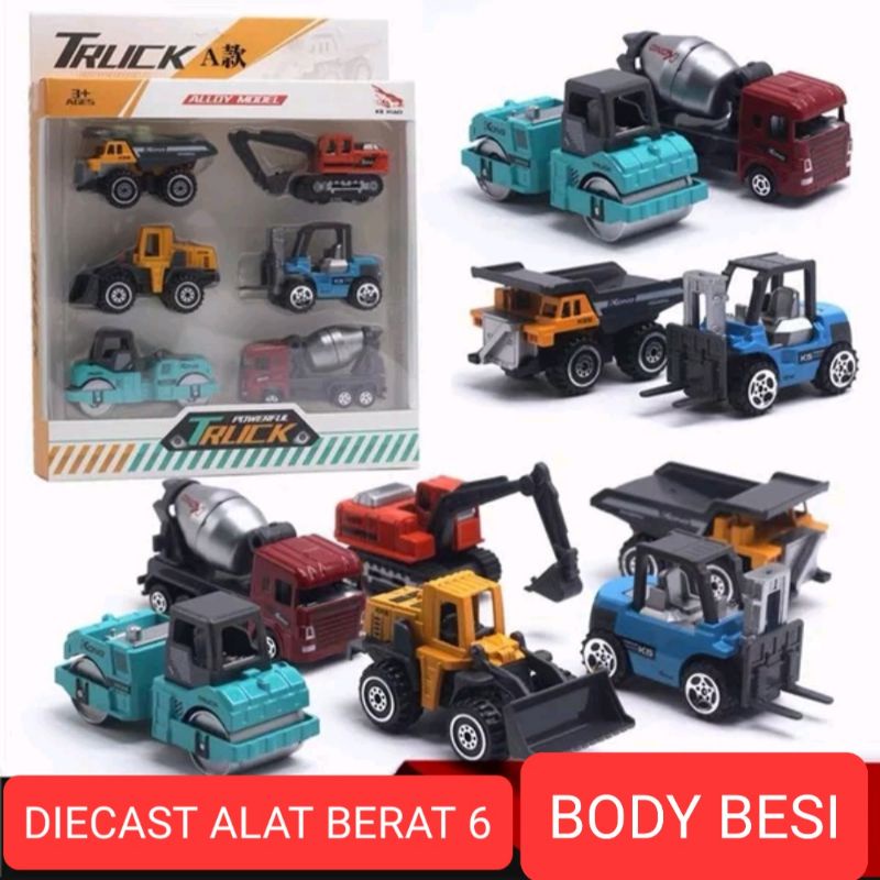 Diecast Alat Berat 6 in 1 Truck Buldozer excavator Loader Forklift bahan Besi Pajangan Mainan Anak