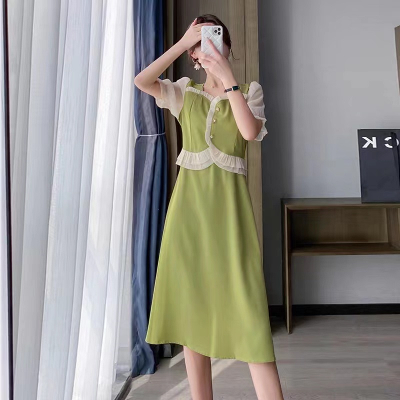 9073-NANA Dress hijau sage korea style/Midi dress lengan balon kerah persegi gaya manis
