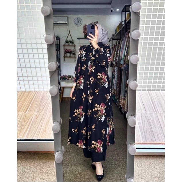 Fuji Set Setelan Wanita Long Tunik Rayon Diamond Premium One Set Wanita Kekinian Ruffle Lengan Panja