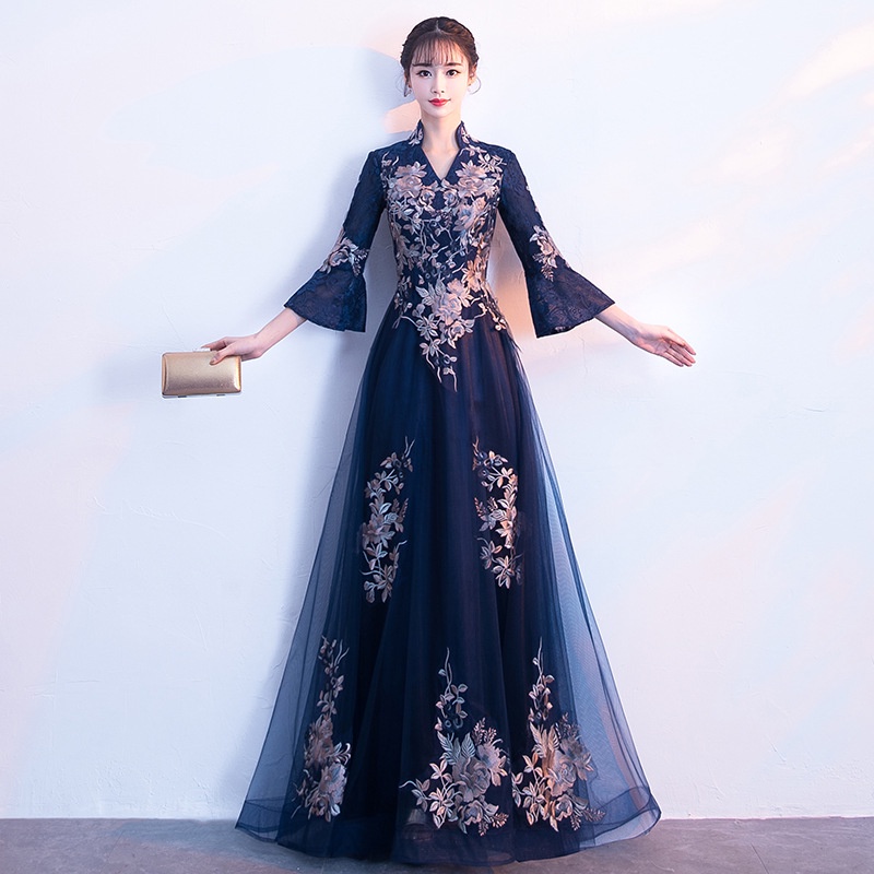Gaun pesta Dress panjang Navy Biru Acara Kondangan Elegan dan ramping, Lengan Panjang Muslim