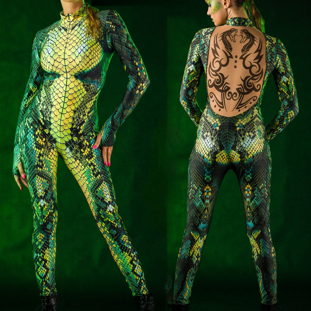 Green Snake Jumpsuit Women Sexy Zentai Suit Gothic Morphsuit Animal Bodysuits Women Rave Costume Hal
