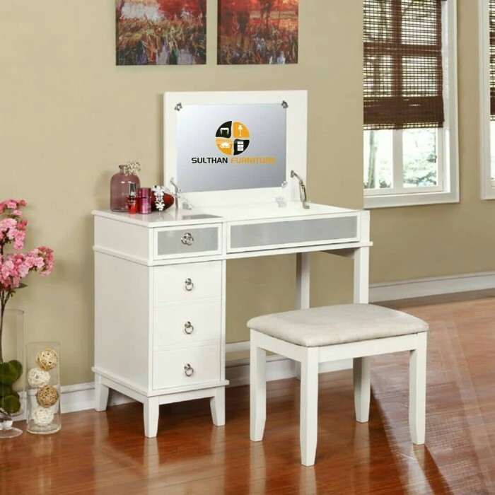 Meja Rias Minimalis 5 Laci - Tolet Putih Bukaan Atas - Bangku Rias