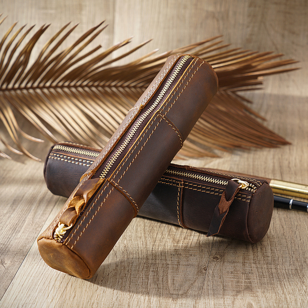 

Genuine Leather Zipper Pencil Case Handmade Creative Stitching Pen Bag Storage Pouch Vintage Kawaii School Stationary Products