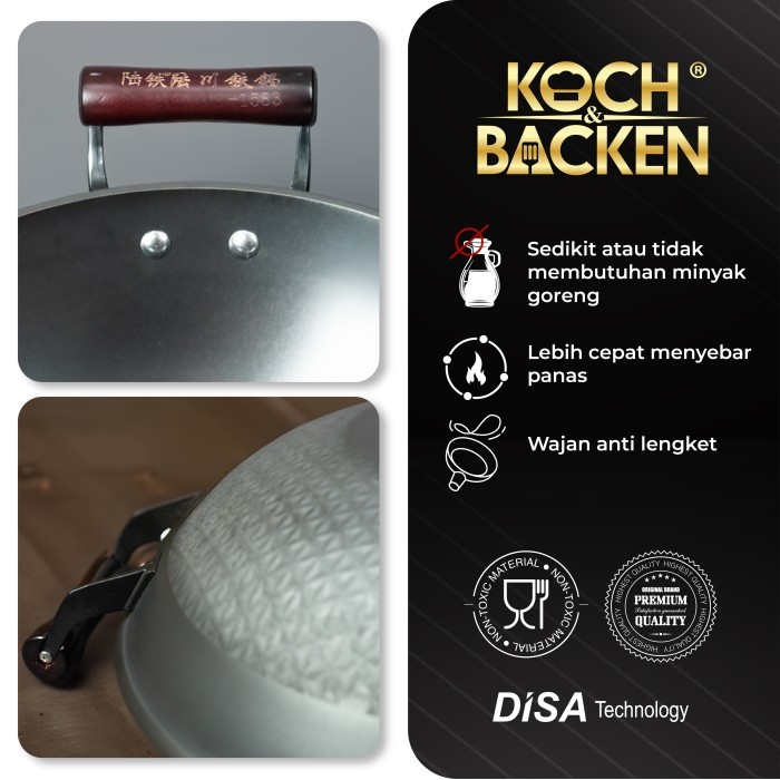 KOCH&BACKEN Premium Cast Iron Wok Round Bottom - Wajan Kuali Penggorengan Anti Lengket - 34cm
