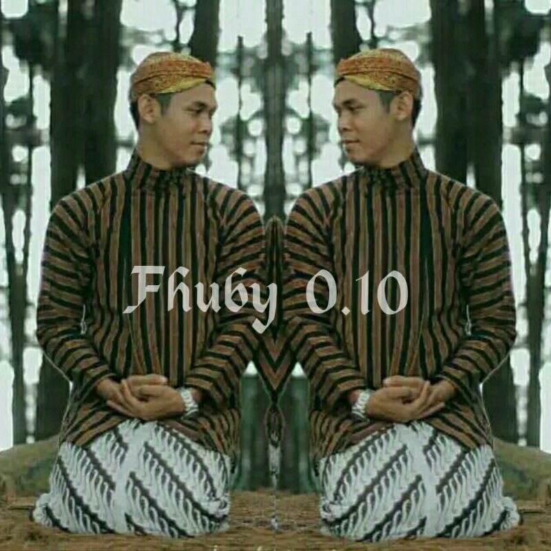 Setelan Surjan Lurik Desa Komplit / Baju + Jarik Instan Putih + Blangkon Lurik