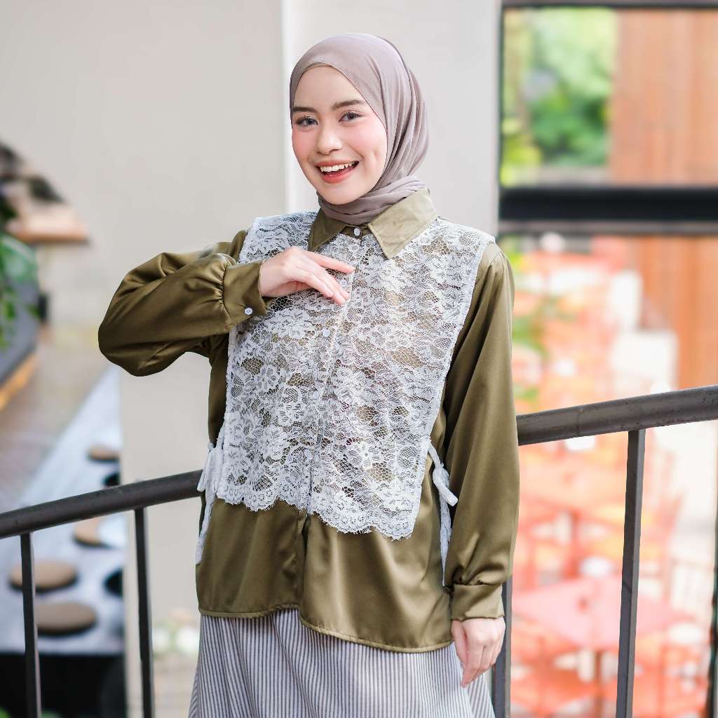Blouse Kemeja Satin Brokat Kondangan Wanita