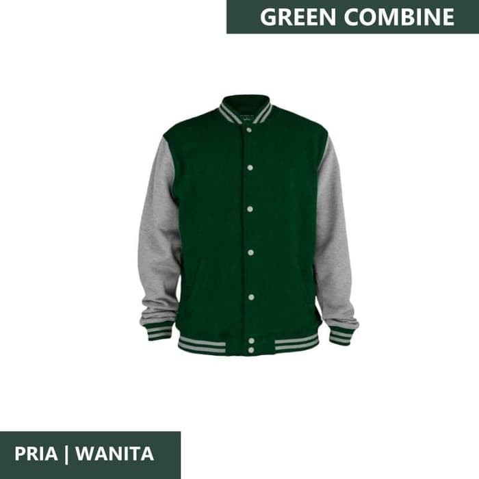 JAKET POLOS BASEBALL VARSITY HITAM LIST ABU SWEATER PRIA WANITA MURAH - VARSITY HIJAU, XL
