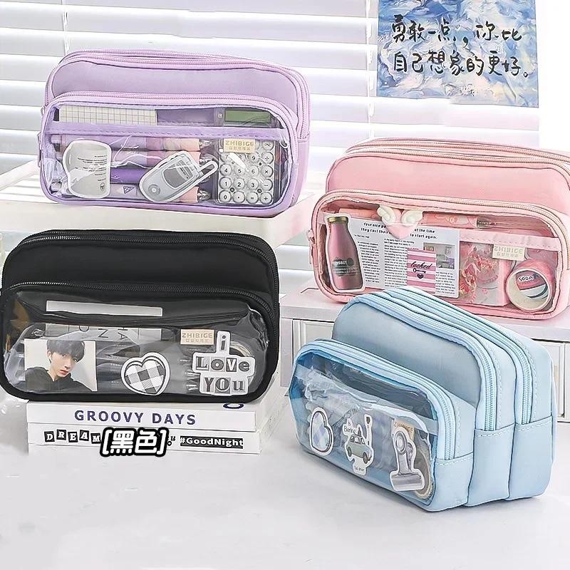 

Chic Solid Color Pencil Case Korean Simplicity Transparent Pen Pouch Large Capacity Stationery Organizer Bag School Supplies