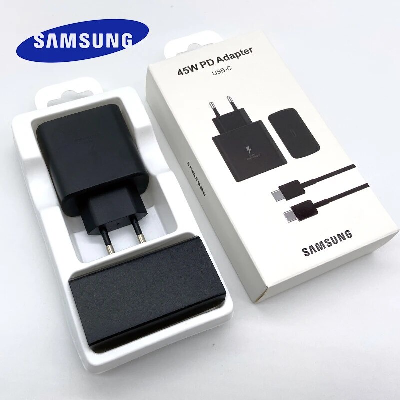 Pengisi daya Samsung 45W, pengisian daya Super cepat EU PD3.0 adaptor untuk GALAXY S23 S22 Ultra S21
