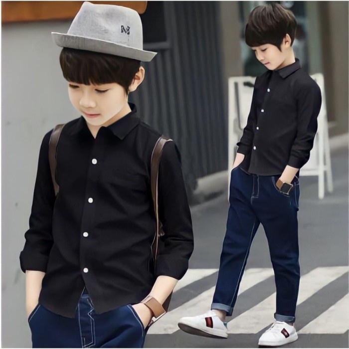Kemeja Polos Hitam Anak Laki Laki Lengan Panjang /Kemeja Anak