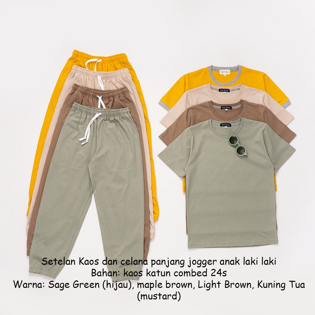 Setelan Atasan Kaos Basic Tee Polos Lengan Pendek dan Bawahan Celana Panjang Jogger Anak Laki laki d
