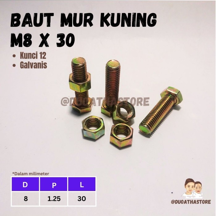 M8x30 Baut Mur Kuning BMK Hex M8 x 30 FT Galvanis Kunci 12
