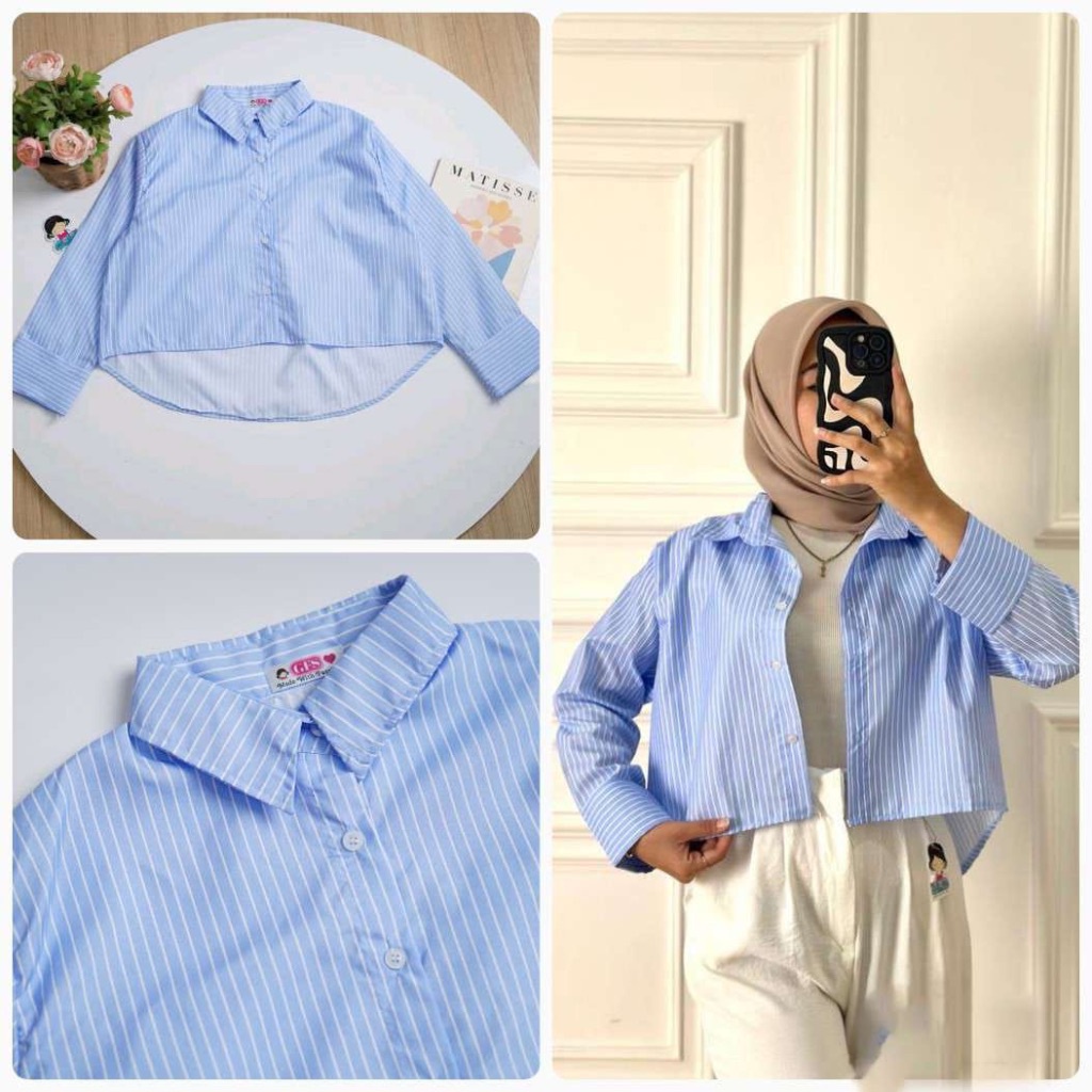 Weijia Fashion  Baju Kemeja Crop Wanita Terbaru / ZIGGY CROP / Kem Salur / Kemeja Stripe Lengan Panj