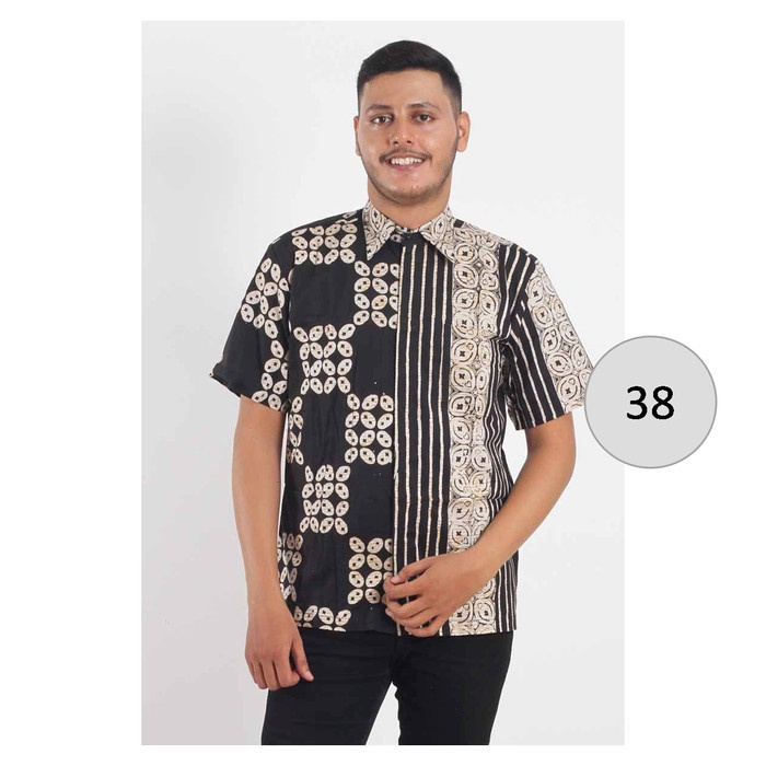 Kemeja Hem Batik Pria Lengan Pendek Hitam Putih 38 - Batik Nulaba