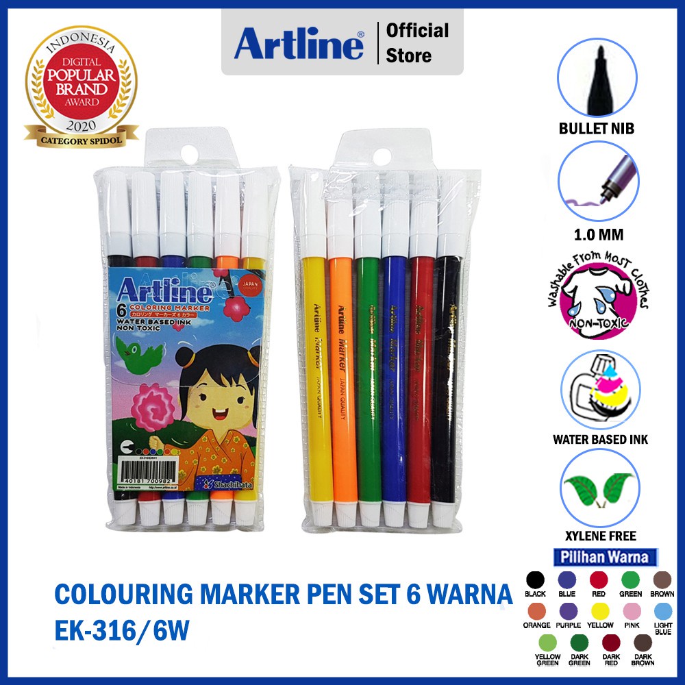 

Artline Spidol Mewarnai Marker SET 6 Colours EK-316/6W - Artline Spidol 6 warna / Spidol artline kecil 6 warna (set)