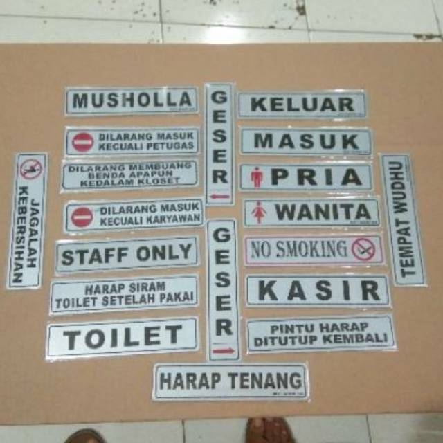 

Acrylic plat sign label musholla, toilet, masuk, keluar, kasir dll