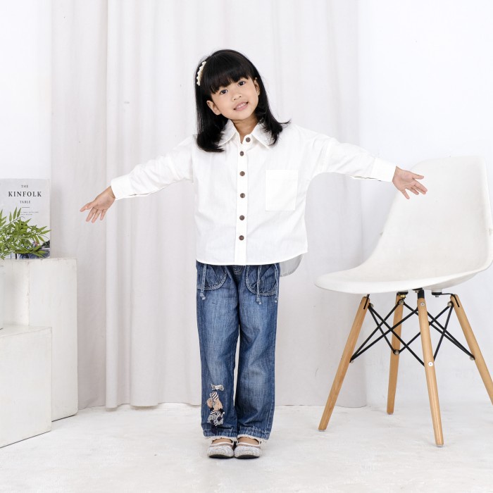 kemeja anak perempuan warna putih usia 1 s/d 10 tahun model oversize - Putih, S 1-2 thn