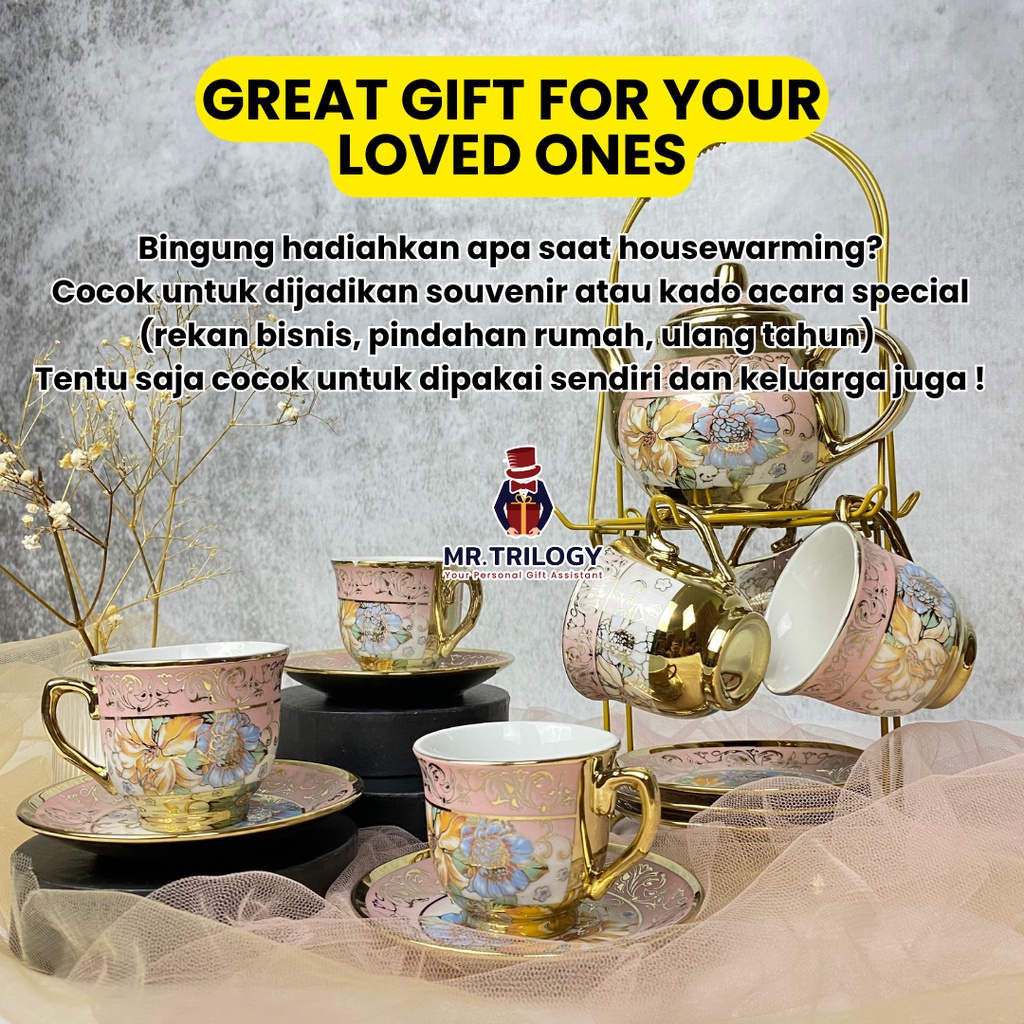 Hampers Pajangan Set Tea Set Keramik Cangkir Teko Tatakan ALL IN 1 LILY SET Souvenir Gelas Mug Mewah
