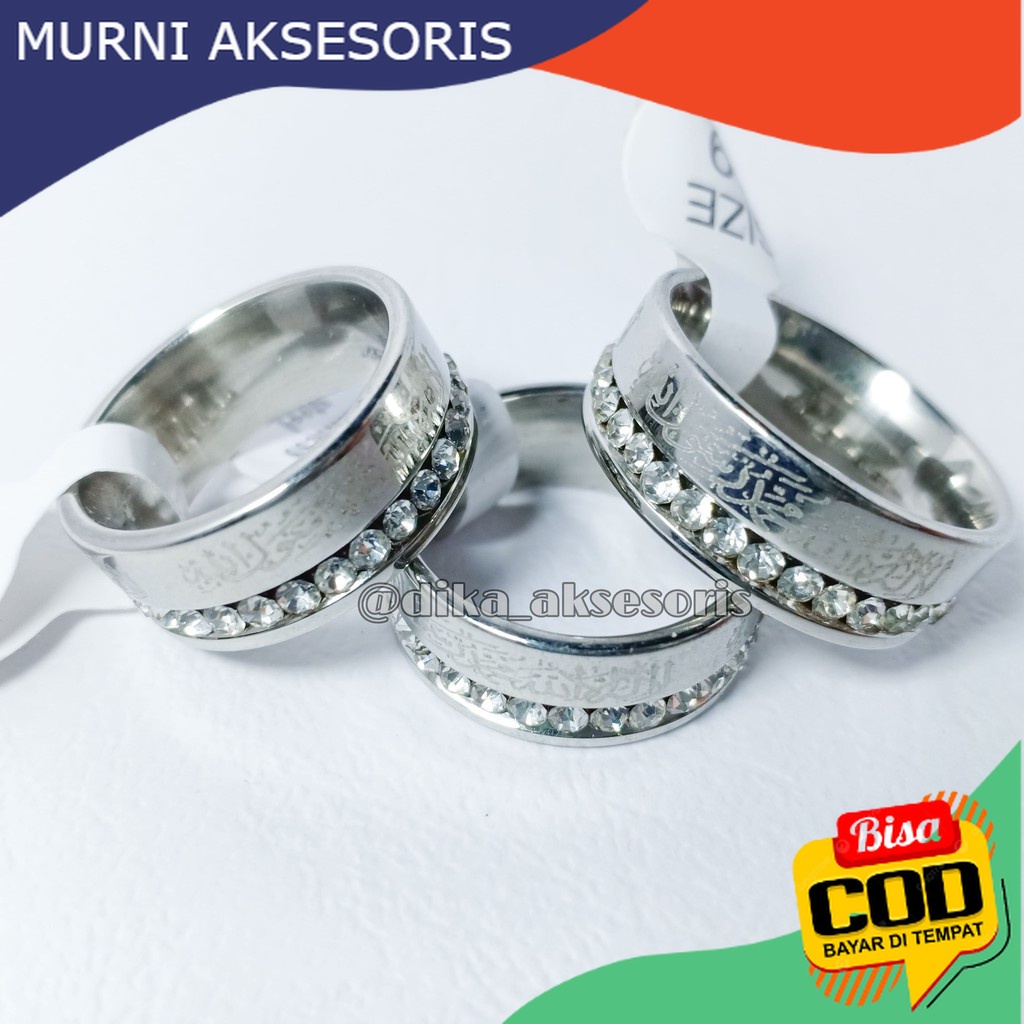 Murni Aksesoris. Cincin Pria dan Wanita, Cincin Tauhid Islami Lafadz Premium Diamond Permata Silver 