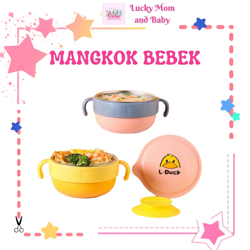 [LMB] Mangkok Makan Stainless Steel Suction Karakter Bebek + Tutup Fresh Bowl Set Mangkok Cangkir St