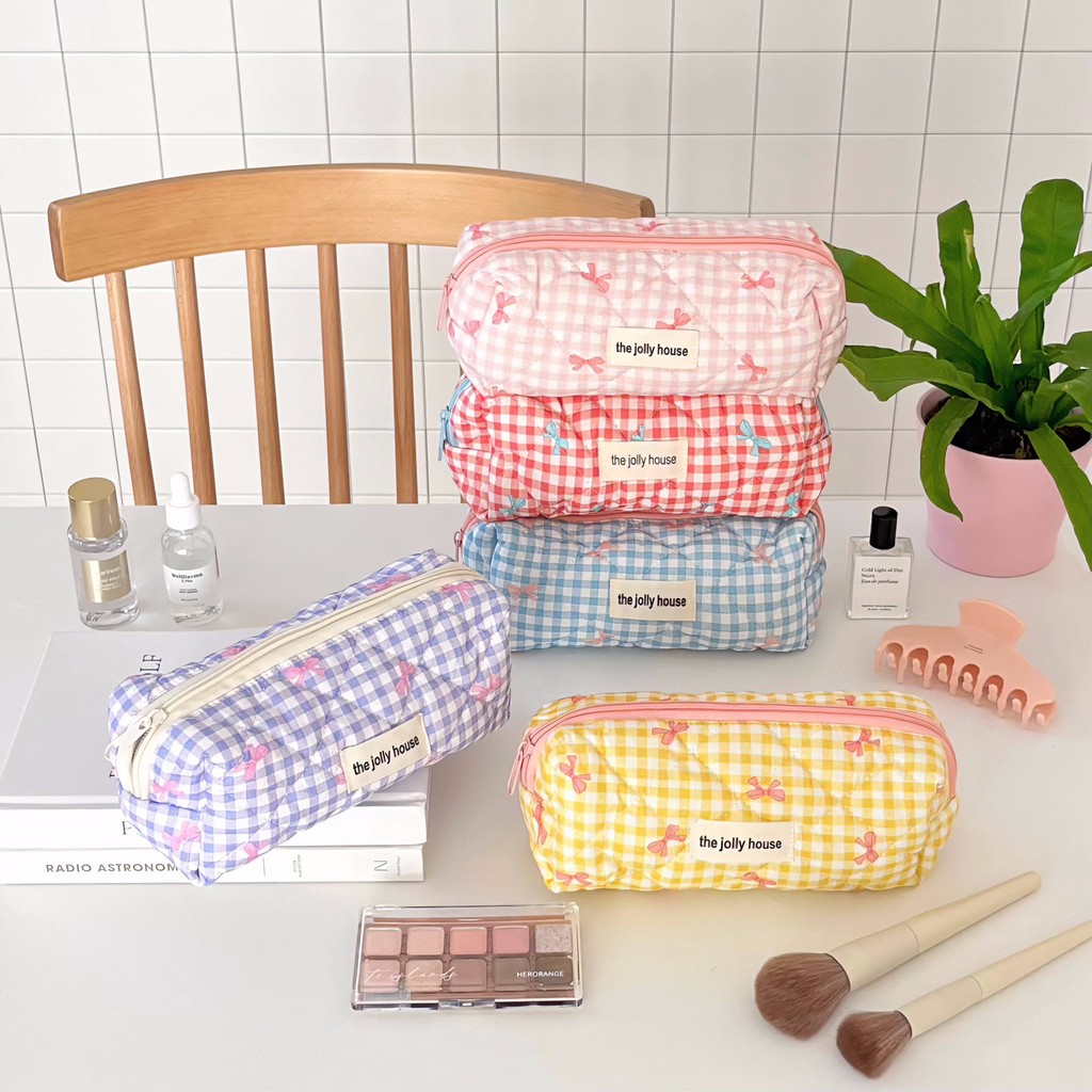 

Fresh Plaid Bow Print Pencil Case Big Size Pen Bag Quilting Seam Stationary Storage Pouch