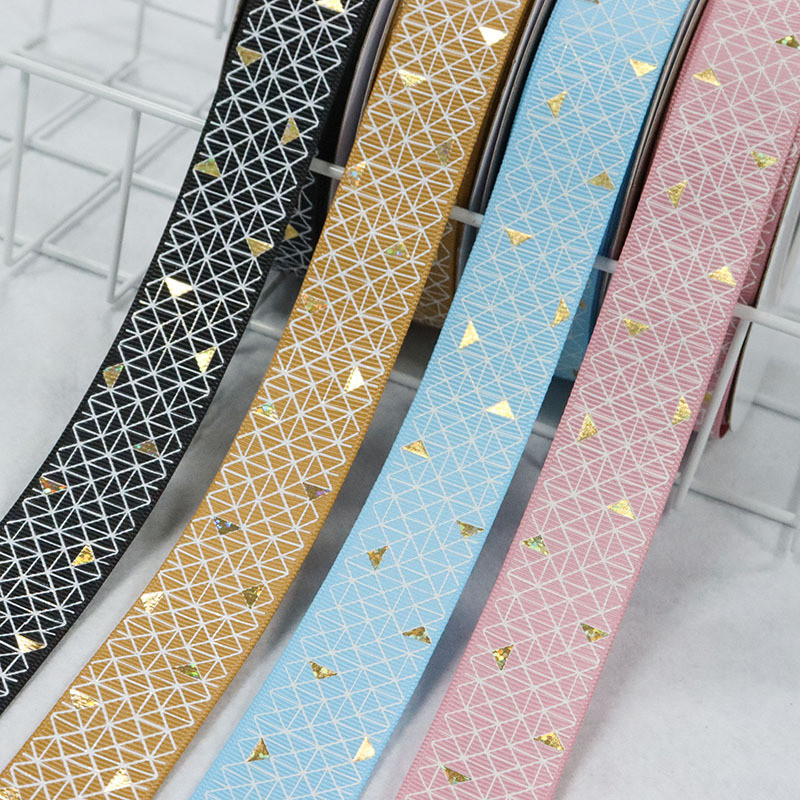 

50Yards 25mm White Ink Geometry Gold Foil Triangle Grosgrain Ribbon Welcome Custom Printed