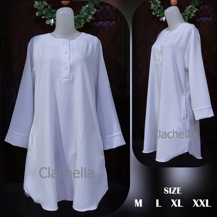 NEW -Clachella Baju Tunik Putih Motif Polos, Baju Atasan Wanita Kasual - Putih Bersih, M