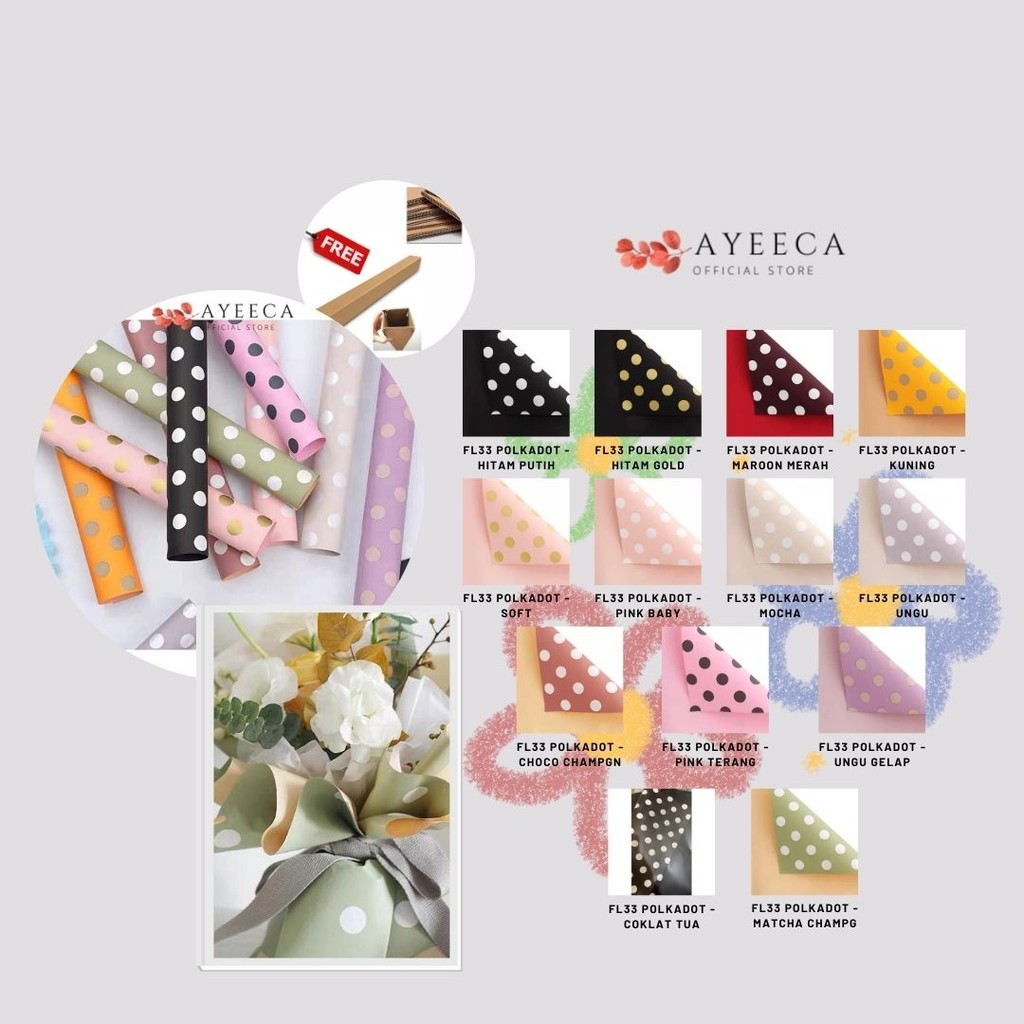 

AYEECA - (5 LEMBAR) - FL33 POLKADOT Kertas Bunga Paper Buket Motif Polkadot Bulat Kado Florist Cellophane