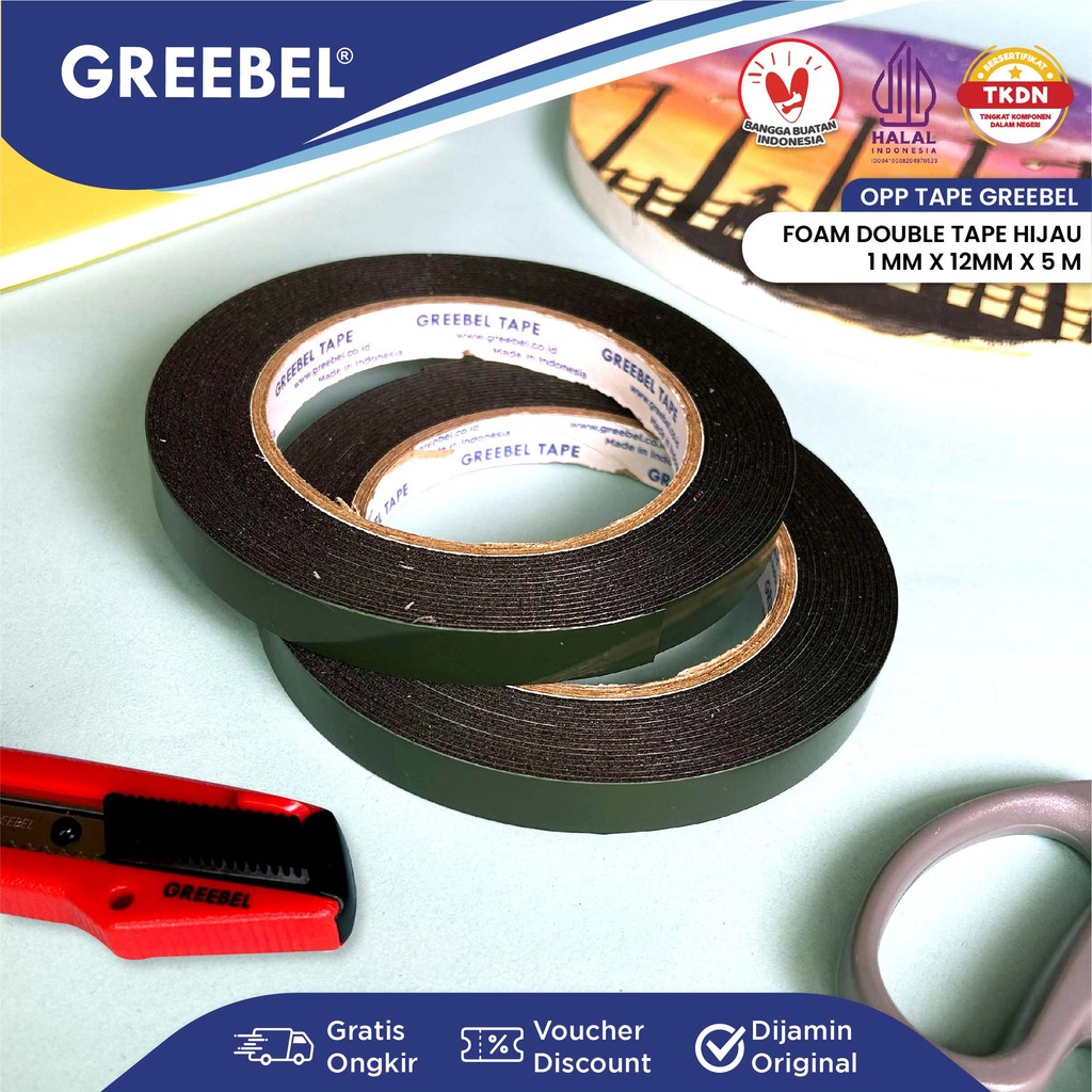 

GREEBEL Double Tape Foam / Selotip Foam 1M X 12MM x 5M (PER PCS) / Isolasi Bolak Balik / Spons Foam