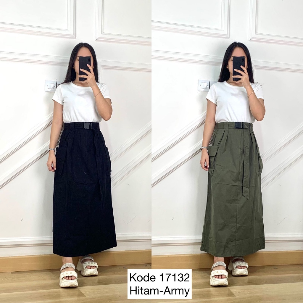ROK KATUN WANITA SEMI CARGO BUTTON SLETING DEPAN TWIN POCKET VARIASI SLIT BELAH BELAKANG PINGGANG KA