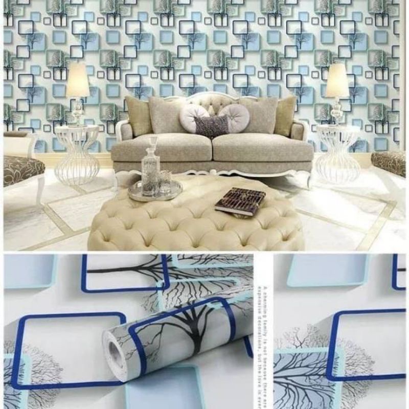 Wallpaper Dinding Sticker Dinding 3D Kotak Pohon Biru Ruang Tamu Premium Mewah Elegan Kekinian