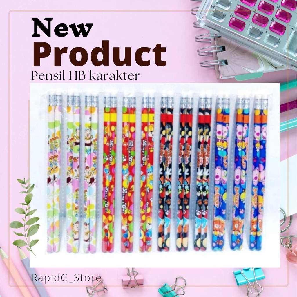 

Pensil HB karakter Lucu Dengan Kepala Penghapus 1 Renceng Isi 24 pcs / Pensil Kayu Karakter Murah