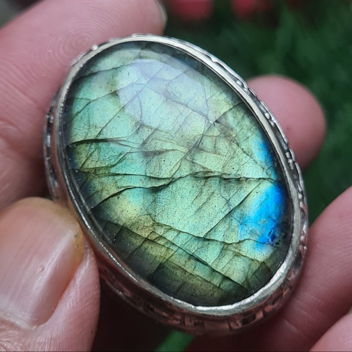 Cincin Batu Akik Natural Labrador Gambar Motif Hijau Biru Unik Antik