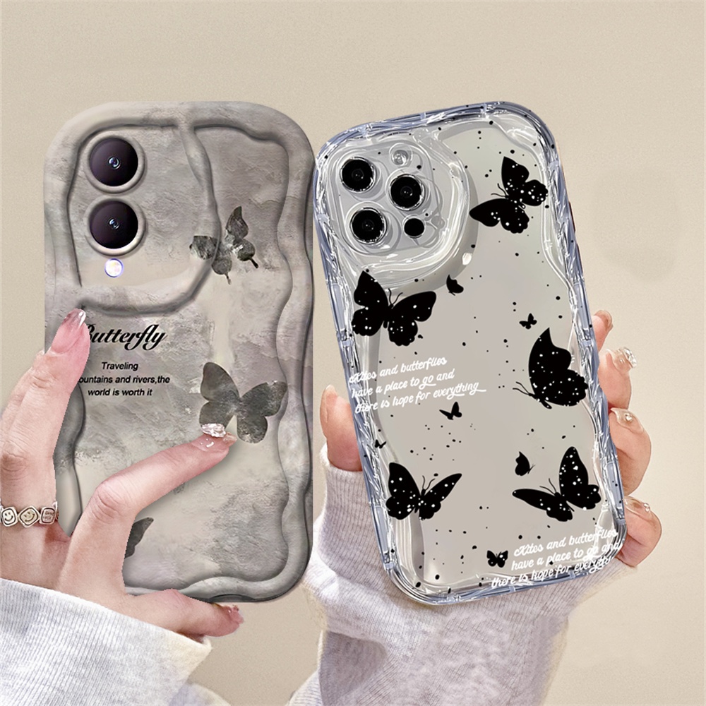 Casing hp Vivo Y17S Y36 Y20 Y02A Y02T Y35 Y11 Y17 Y16 Y21 Y15 Y12 Y30i Y22 Y15s Y20s Y22s Y21A Y12i Y21s Y15A Y33s Y31 Y51 Y91C Y91 Vintage Butterfly 3D Soft Wave Edge TPU Phone Case Cover SUNSHINE