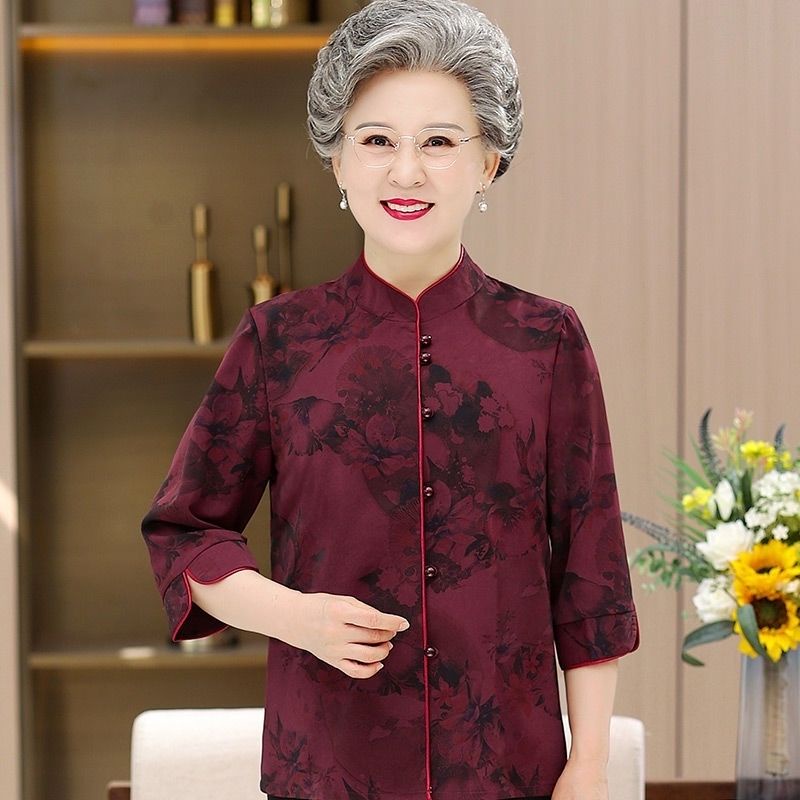 Kemeja baju nenek lengan tujuh menit atasan wanita musim panas paruh baya dan lansia atasan wanita m