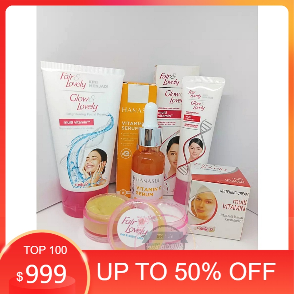 SLB _ PAKET 4IN 1 Fair&lovely - Glow & lovely - cream siang malam - facial foam - Plus serum Vitamin