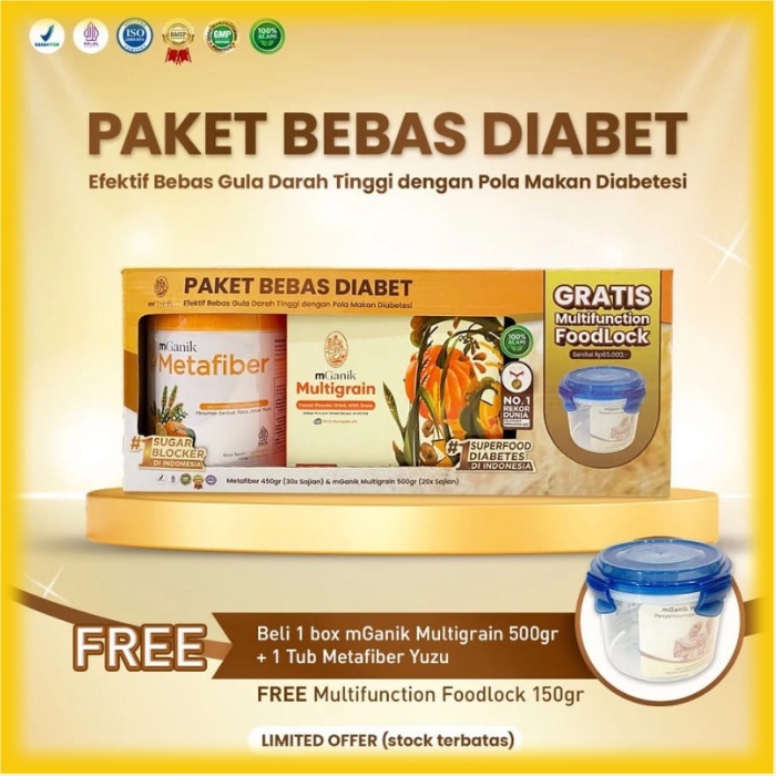 MGANIK PAKET BEBAS DIABET BONUS TOPLES MGANIK MULTIGRAIN 500 GRAM 20 SACHET PLUS METAFIBER 450 GRAM 