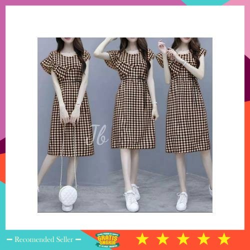 Pakaian Wanita Kekinian Murah Style Korea Premium /Dress Wanita Motif Kotak Cantik Casual Midi Dress