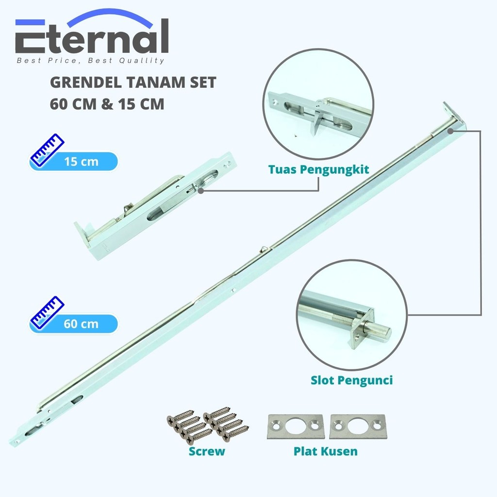 Eternal Grendel Tanam Hitam Panjang 60 cm dan 30 cm dengan Slot Pintu, Satu Set Stainless Steel
