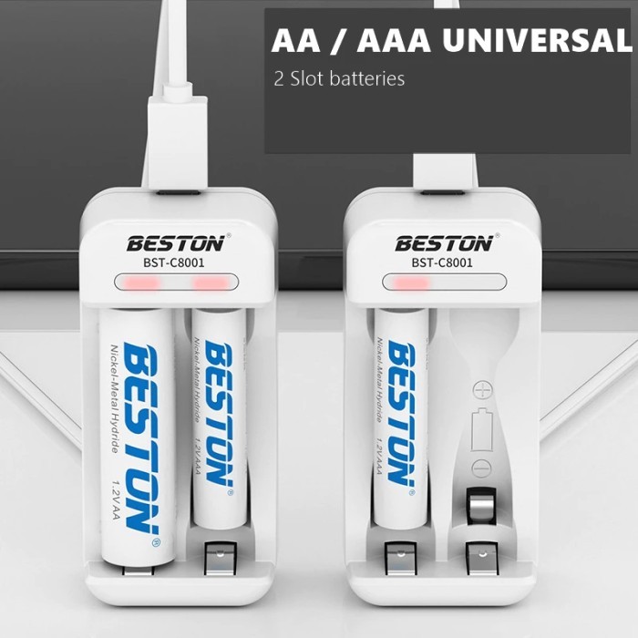 Alat Charger Cas Baterai Beston Intelligent 2 Slot Slots USB Battery Charger for AA AAA A2 A3 Ni-MH Rechargeable Battery Charger Light Display Charge USB Travel output DC 2,4V BST-C8001 BST C8001