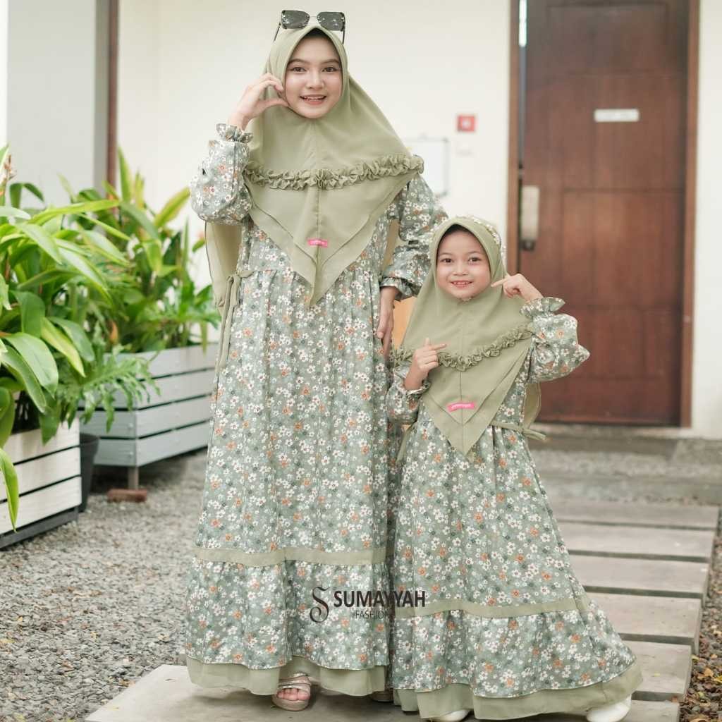 Harga Satuan Gamis Couple Ibu Dan Anak Perempuan Set Hijab Syar'i Bahan Shakila Mix Ceruty Babydoll 