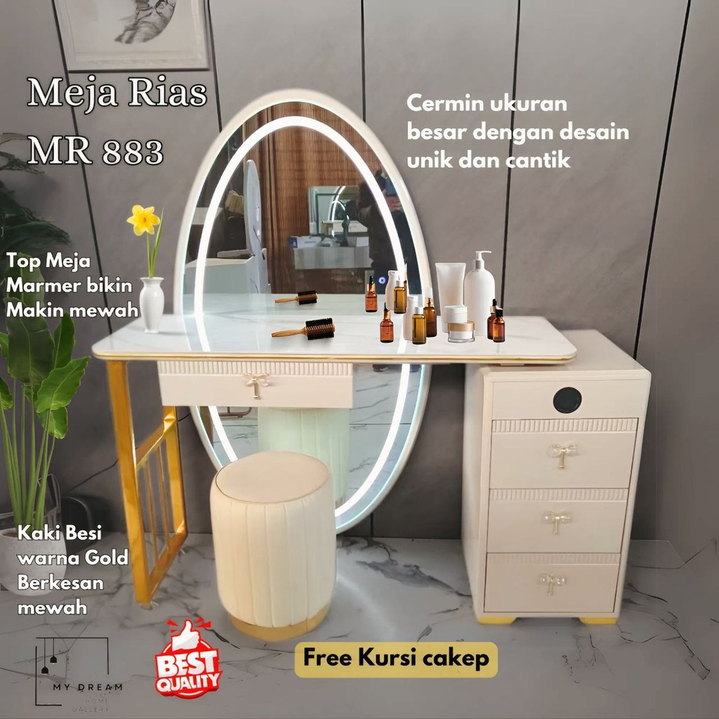 Meja Rias Import LED Touchscreen Kaca Oval Jumbo I Meja Rias Salon | Meja Make Up Import Table Marme