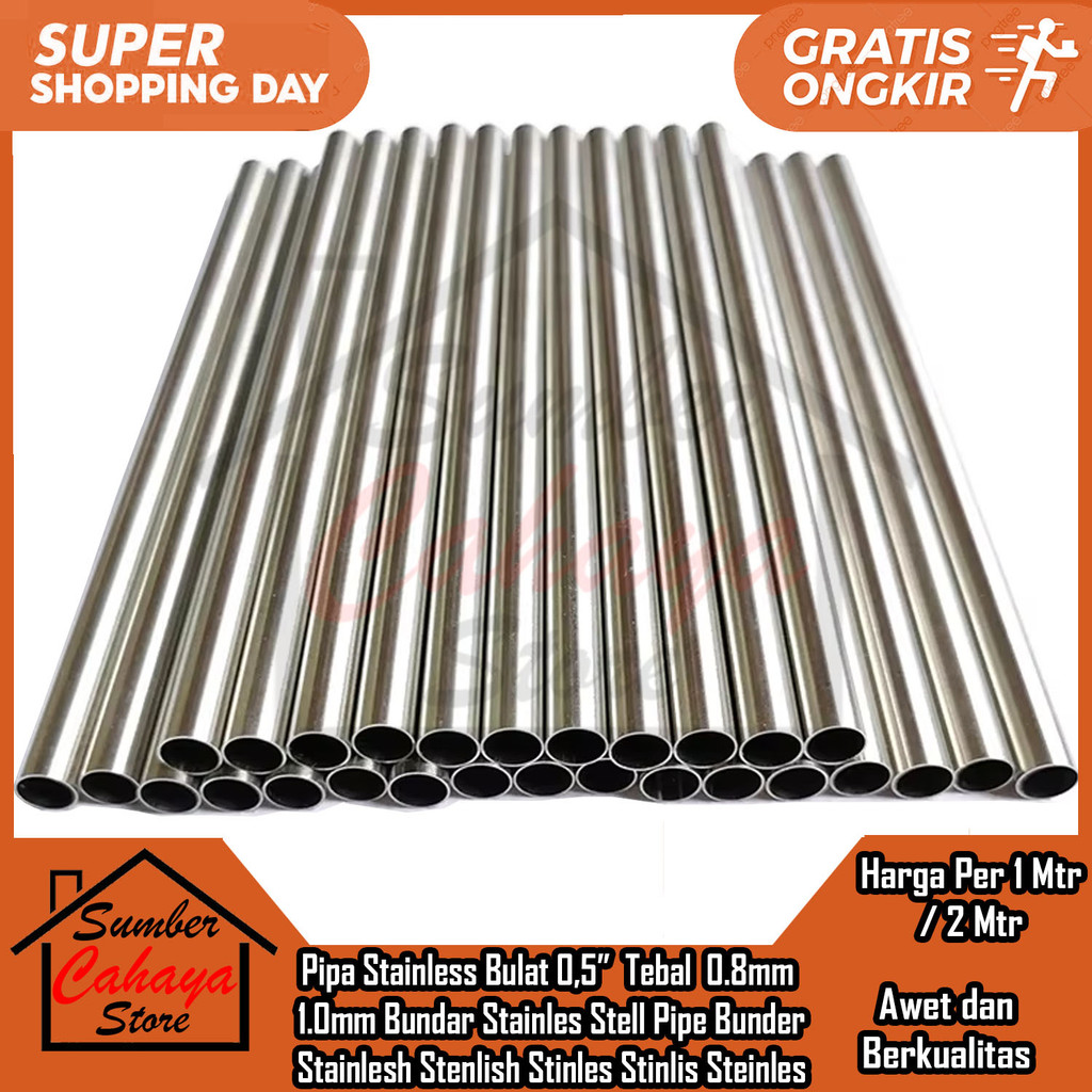 Pipa Stainless Bulat 0,5” Inch Tebal 0.8mm 1.0mm 1.2mm 0.5” 1/2" Inci In Inchi Stainles Stell Stel S