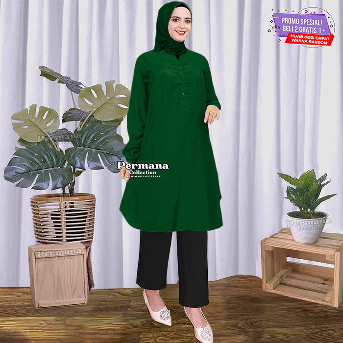 NEW -Baju Atasan Tunik Hijau Wanita Kemeja Lengan Panjang Jumbo Dewasa - Army Muda, 4XL